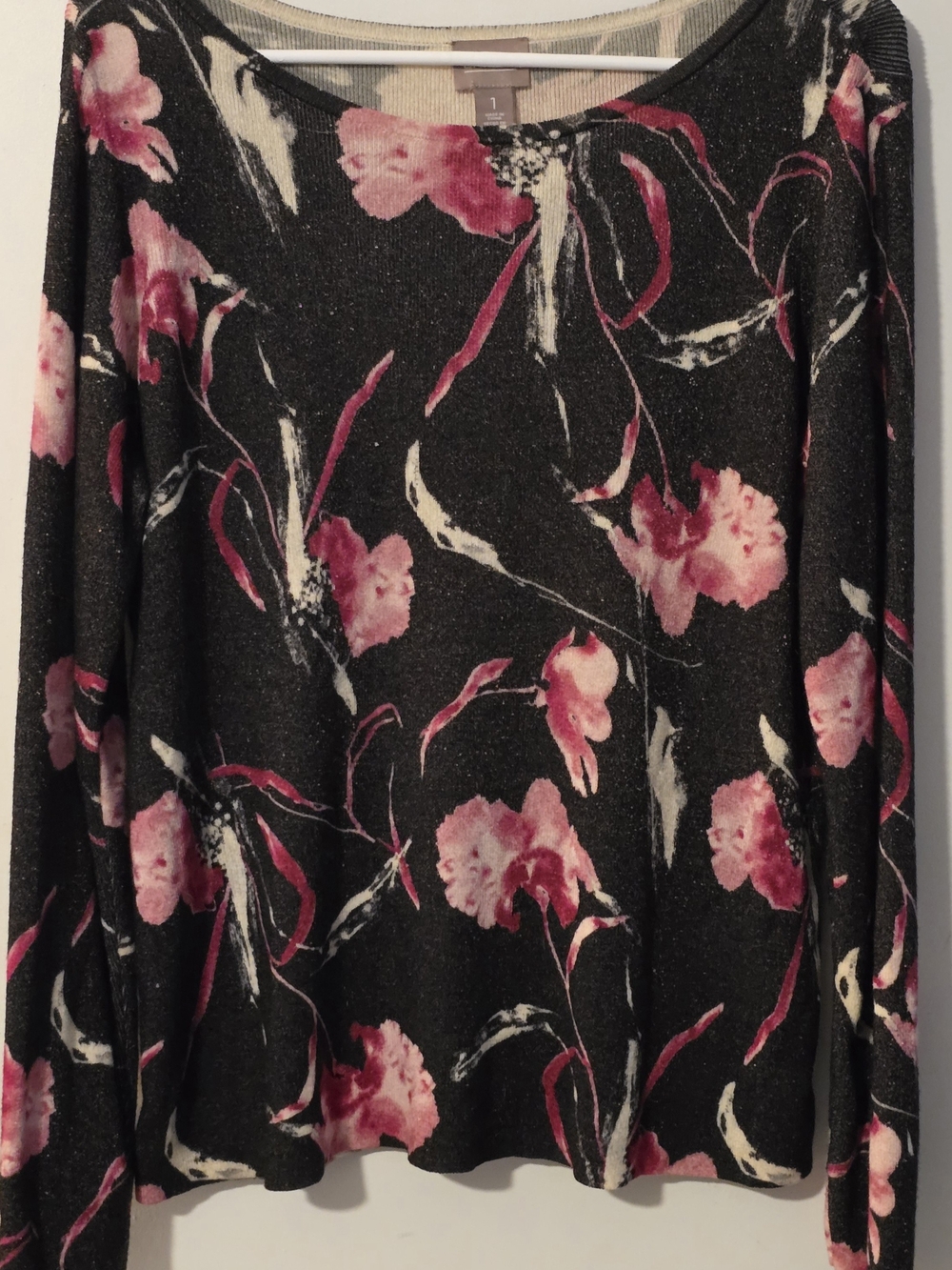Chico's Black Scoop Neck Sweater with Pink Floral Motif